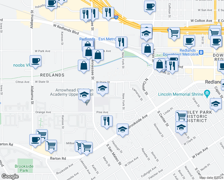 map of restaurants, bars, coffee shops, grocery stores, and more near 1075 West State Street in Redlands