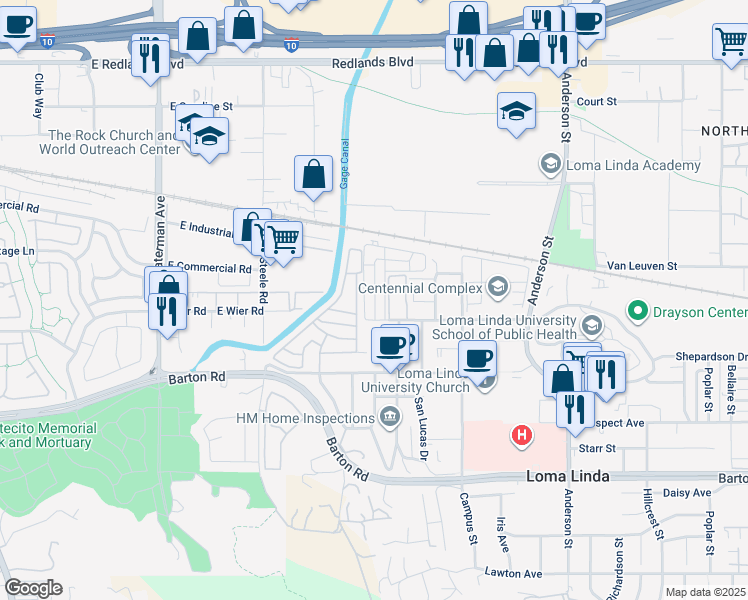 map of restaurants, bars, coffee shops, grocery stores, and more near 10972 Rincon Street in Loma Linda