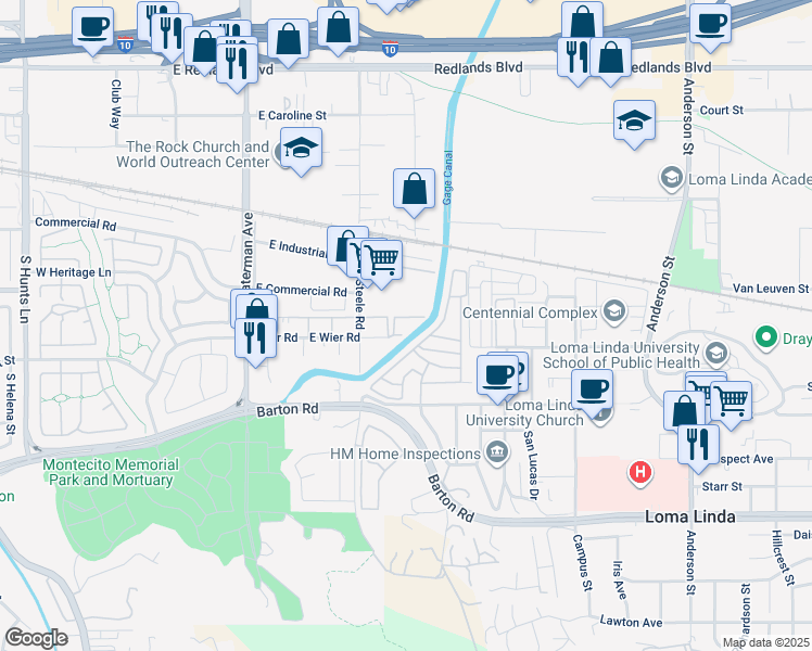 map of restaurants, bars, coffee shops, grocery stores, and more near 540 Wier Road in San Bernardino