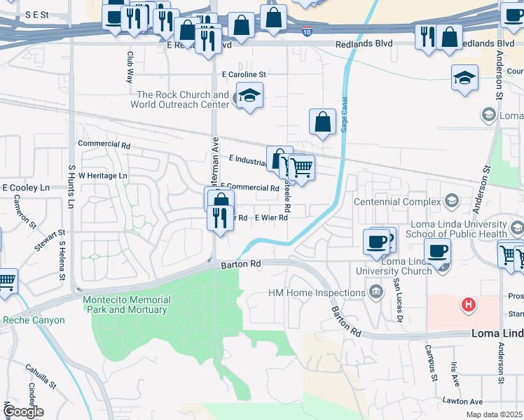 map of restaurants, bars, coffee shops, grocery stores, and more near 420 Wier Road in San Bernardino
