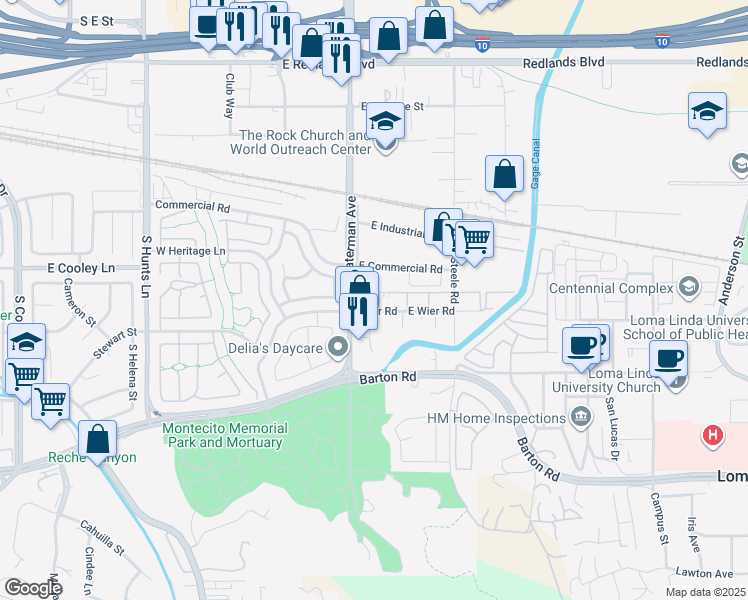 map of restaurants, bars, coffee shops, grocery stores, and more near 2605 Tungsten Court in San Bernardino