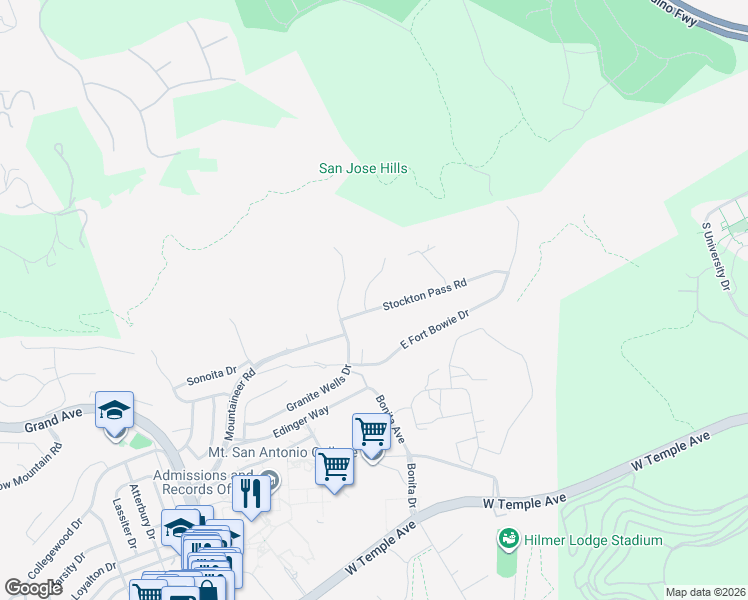 map of restaurants, bars, coffee shops, grocery stores, and more near 21215 Stockton Pass Road in Walnut