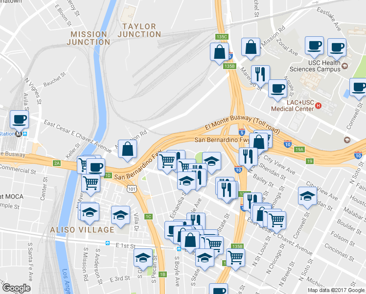 map of restaurants, bars, coffee shops, grocery stores, and more near 1401 Mitchell Place in Los Angeles