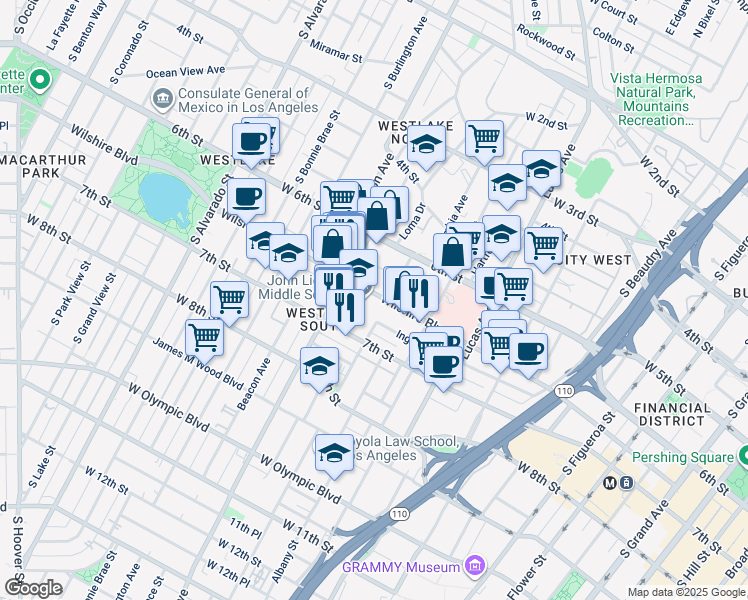 map of restaurants, bars, coffee shops, grocery stores, and more near 1500 Wilshire Boulevard in Los Angeles