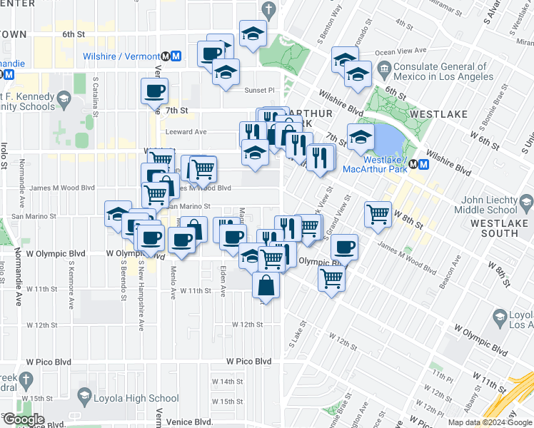 map of restaurants, bars, coffee shops, grocery stores, and more near 937 Arapahoe Street in Los Angeles
