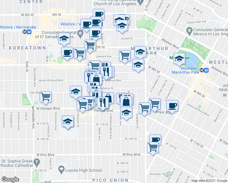 map of restaurants, bars, coffee shops, grocery stores, and more near 936 South Westmoreland Avenue in Los Angeles