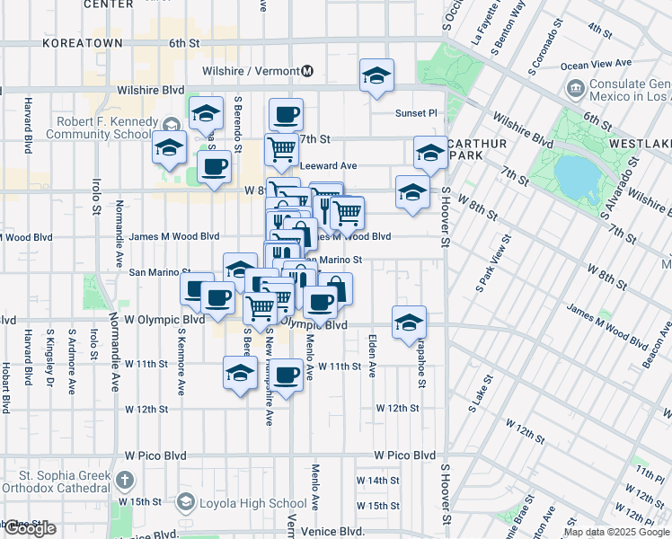 map of restaurants, bars, coffee shops, grocery stores, and more near 938 Menlo Avenue in Los Angeles