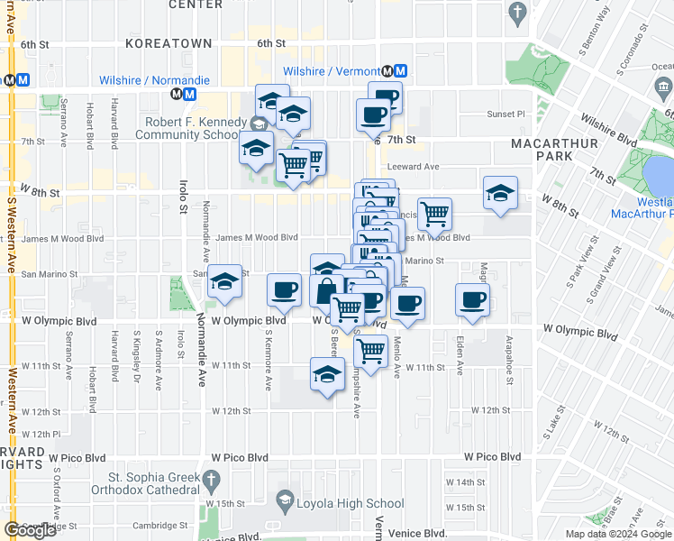 map of restaurants, bars, coffee shops, grocery stores, and more near 2946 San Marino Street in Los Angeles