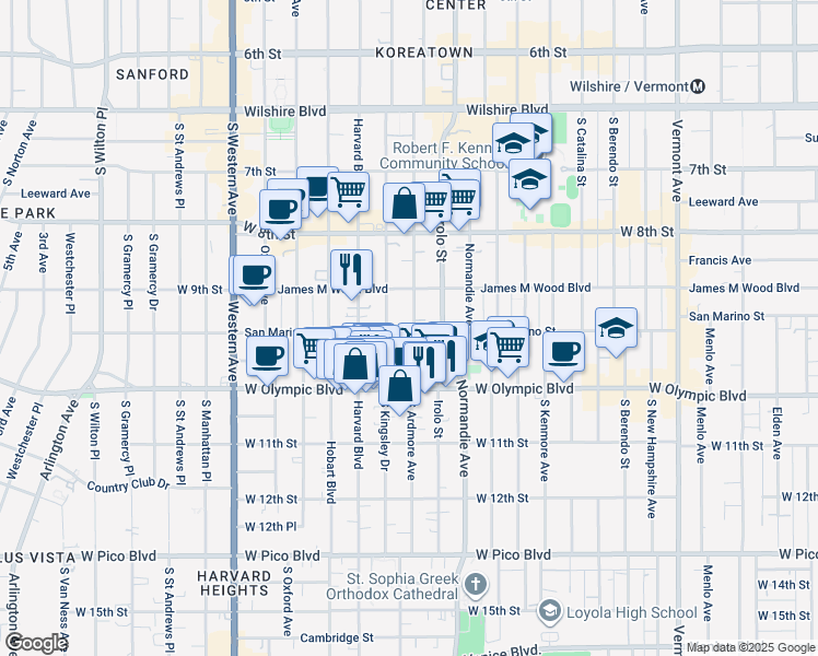 map of restaurants, bars, coffee shops, grocery stores, and more near 939 South Ardmore Avenue in Los Angeles