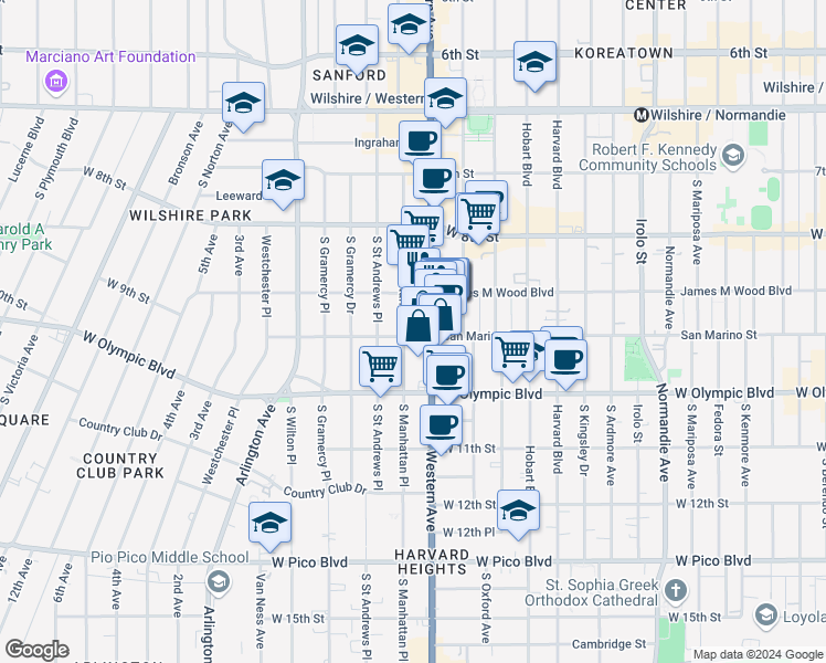 map of restaurants, bars, coffee shops, grocery stores, and more near 939 South Western Avenue in Los Angeles