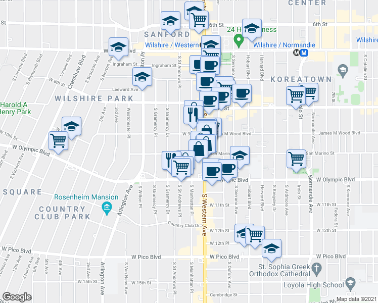 map of restaurants, bars, coffee shops, grocery stores, and more near 3571 San Marino Street in Los Angeles