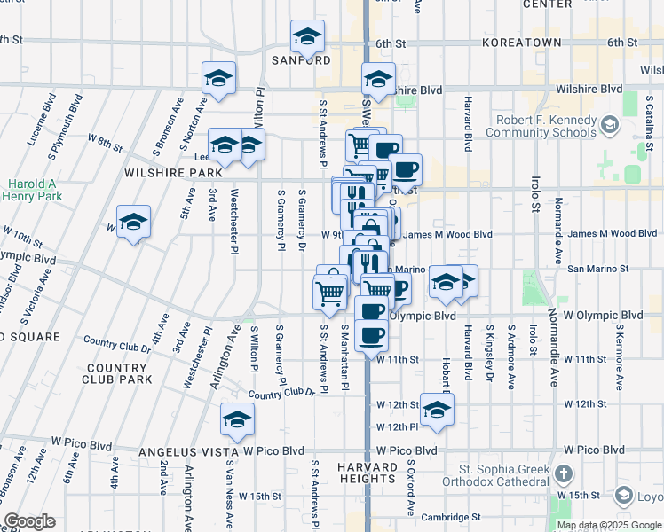 map of restaurants, bars, coffee shops, grocery stores, and more near 3571 San Marino Street in Los Angeles