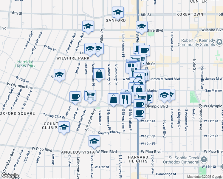 map of restaurants, bars, coffee shops, grocery stores, and more near 939 South Gramercy Place in Los Angeles
