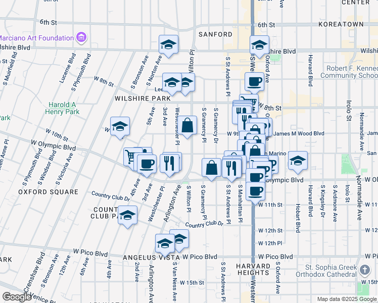 map of restaurants, bars, coffee shops, grocery stores, and more near 3717 San Marino Street in Los Angeles