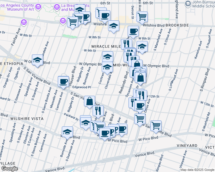 map of restaurants, bars, coffee shops, grocery stores, and more near 1104 South Cloverdale Avenue in Los Angeles