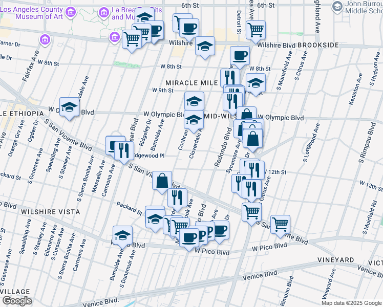 map of restaurants, bars, coffee shops, grocery stores, and more near 1104 South Cloverdale Avenue in Los Angeles