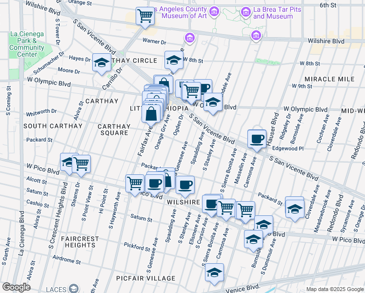 map of restaurants, bars, coffee shops, grocery stores, and more near 1111 South Genesee Avenue in Los Angeles