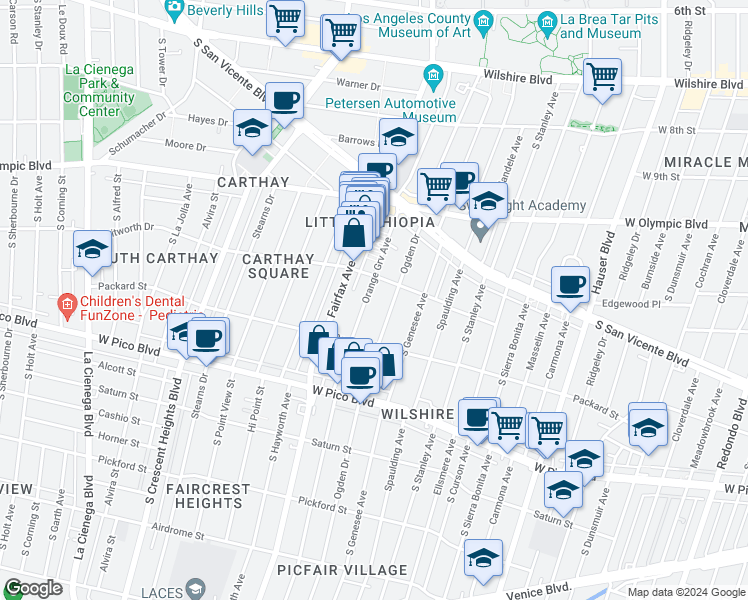 map of restaurants, bars, coffee shops, grocery stores, and more near 1209 South Ogden Drive in Los Angeles
