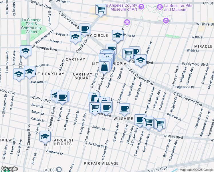 map of restaurants, bars, coffee shops, grocery stores, and more near 1134 South Fairfax Avenue in Los Angeles