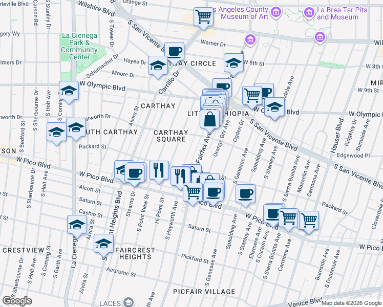 map of restaurants, bars, coffee shops, grocery stores, and more near 1152 South Hayworth Avenue in Los Angeles