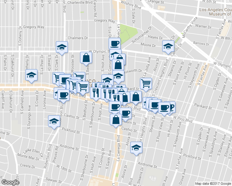 map of restaurants, bars, coffee shops, grocery stores, and more near 1240 South Corning Street in Los Angeles