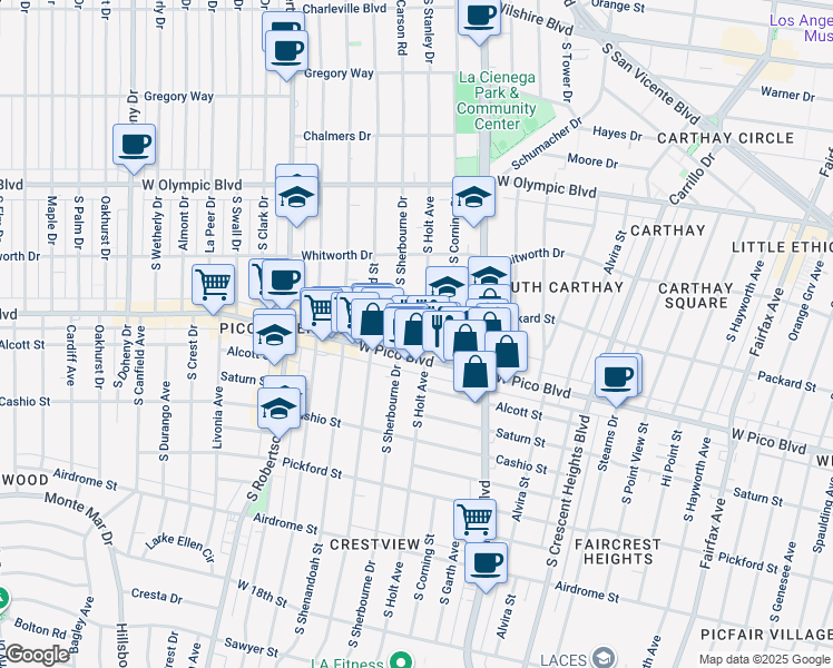 map of restaurants, bars, coffee shops, grocery stores, and more near 1251 South Holt Avenue in Los Angeles
