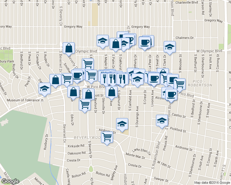 map of restaurants, bars, coffee shops, grocery stores, and more near 1424 Cardiff Avenue in Los Angeles