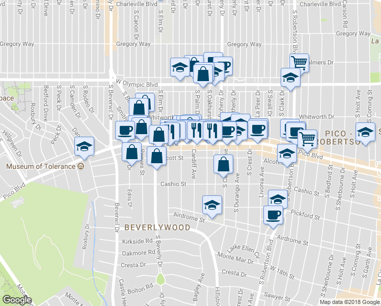 map of restaurants, bars, coffee shops, grocery stores, and more near 1424 Cardiff Avenue in Los Angeles