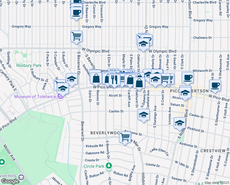 map of restaurants, bars, coffee shops, grocery stores, and more near 9315 Alcott Street in Los Angeles
