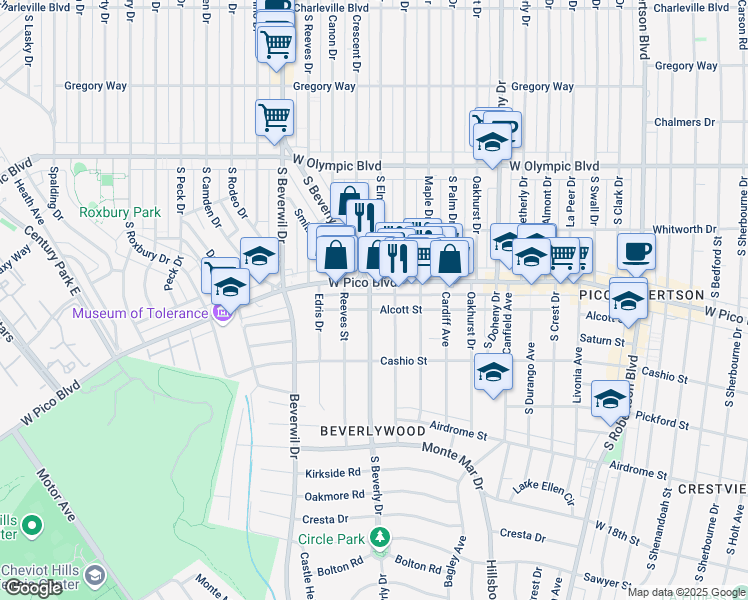 map of restaurants, bars, coffee shops, grocery stores, and more near 1418 South Beverly Drive in Los Angeles