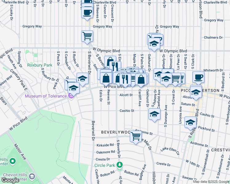 map of restaurants, bars, coffee shops, grocery stores, and more near 1418 South Beverly Drive in Los Angeles