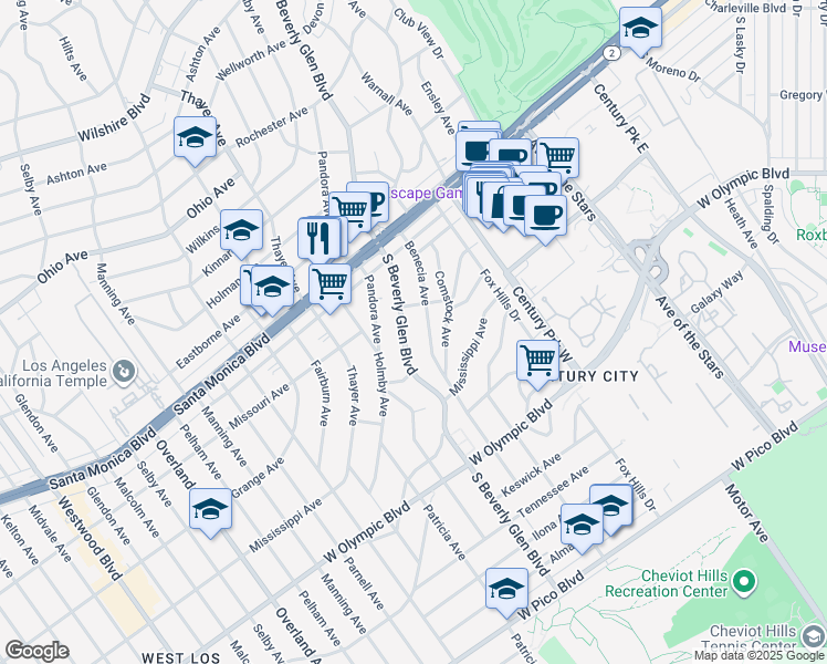 map of restaurants, bars, coffee shops, grocery stores, and more near 1932 Benecia Avenue in Los Angeles