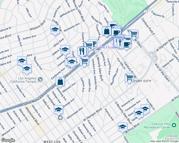 map of restaurants, bars, coffee shops, grocery stores, and more near 1851 Holmby Avenue in Los Angeles