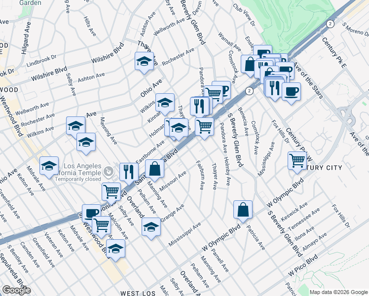 map of restaurants, bars, coffee shops, grocery stores, and more near 10540 1/2 California 2 in Los Angeles