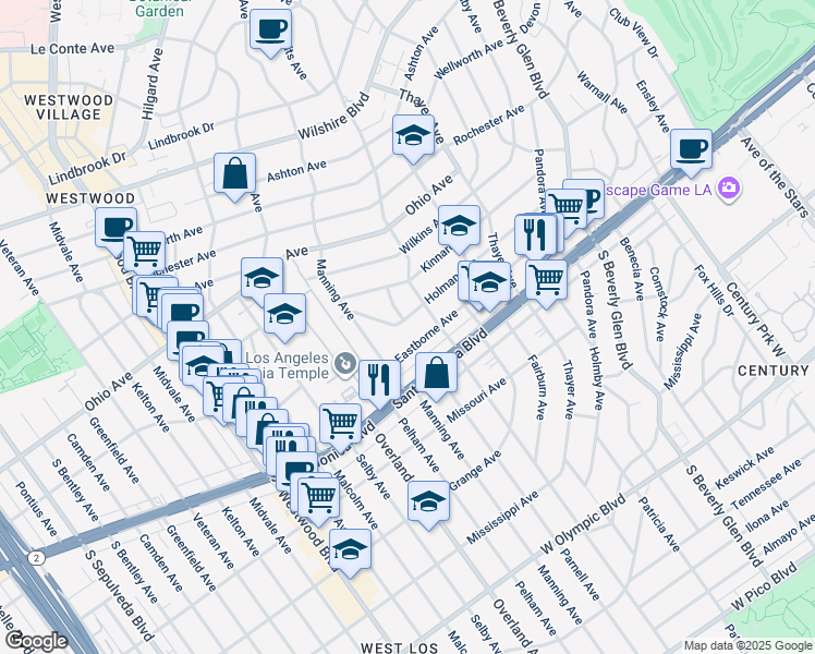 map of restaurants, bars, coffee shops, grocery stores, and more near 10617 Eastborne Avenue in Los Angeles