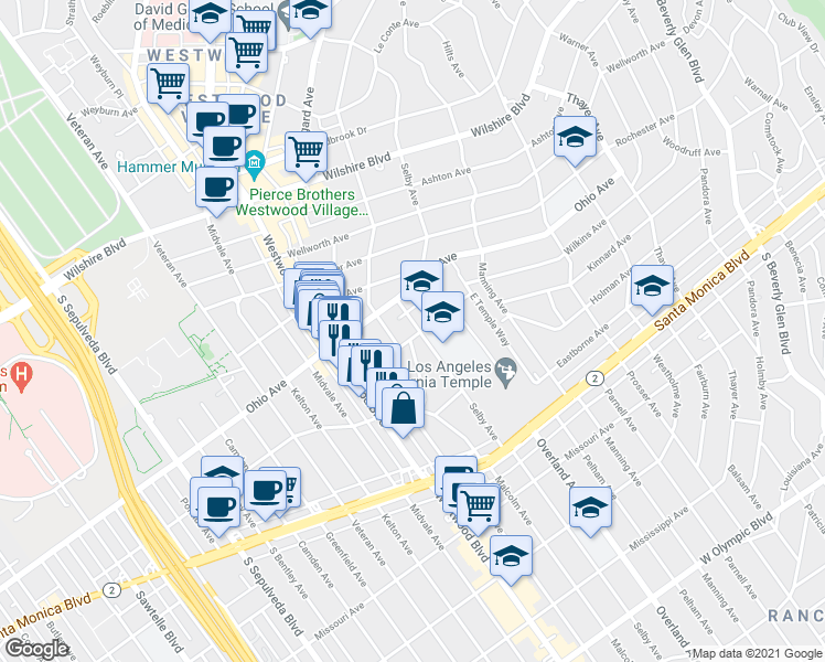 map of restaurants, bars, coffee shops, grocery stores, and more near 1606 Selby Avenue in Los Angeles