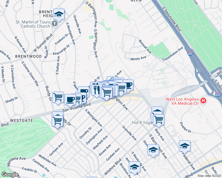 map of restaurants, bars, coffee shops, grocery stores, and more near 11706 Montana Avenue in Los Angeles