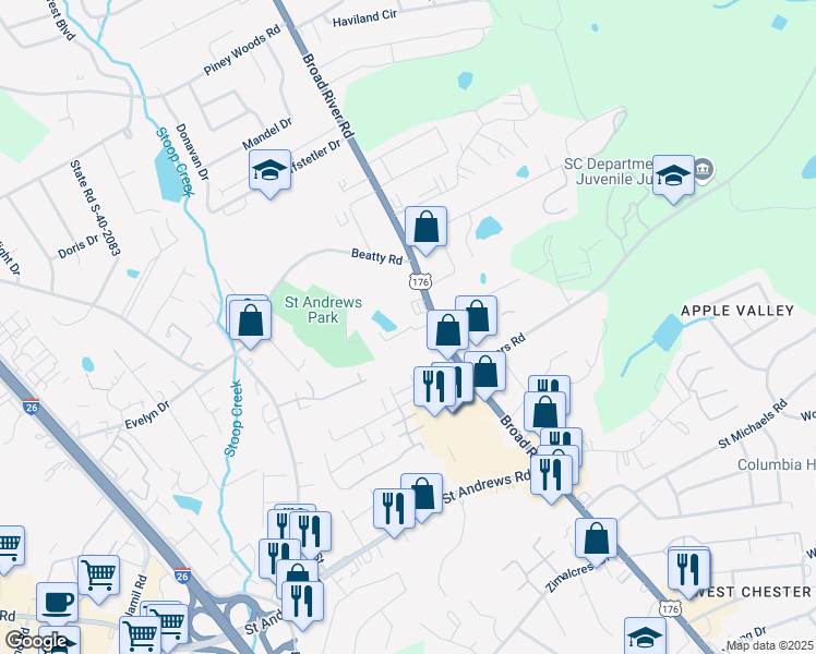 map of restaurants, bars, coffee shops, grocery stores, and more near 139 Connie Drive in Columbia