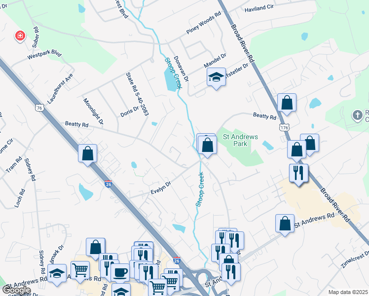 map of restaurants, bars, coffee shops, grocery stores, and more near 525 Hickory Hill Drive in Columbia