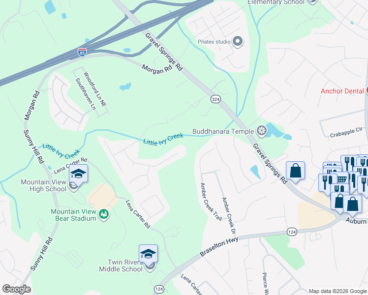 map of restaurants, bars, coffee shops, grocery stores, and more near 2553 Bancroft Way in Buford