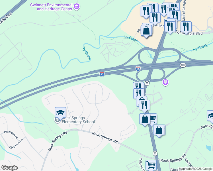 map of restaurants, bars, coffee shops, grocery stores, and more near 3059 Sentinel Circle in Lawrenceville
