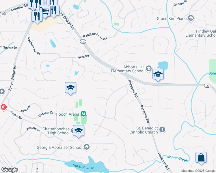 map of restaurants, bars, coffee shops, grocery stores, and more near 11155 Highfield Chase Drive in Duluth