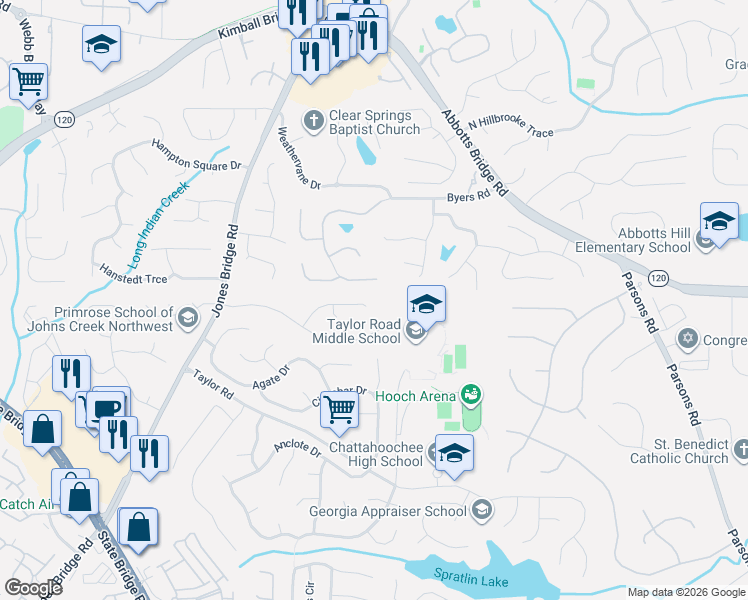map of restaurants, bars, coffee shops, grocery stores, and more near 270 Pine Bridge Trail in Alpharetta
