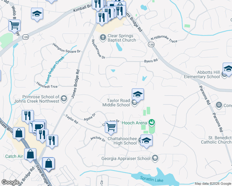 map of restaurants, bars, coffee shops, grocery stores, and more near 240 Pine Bridge Trail in Alpharetta