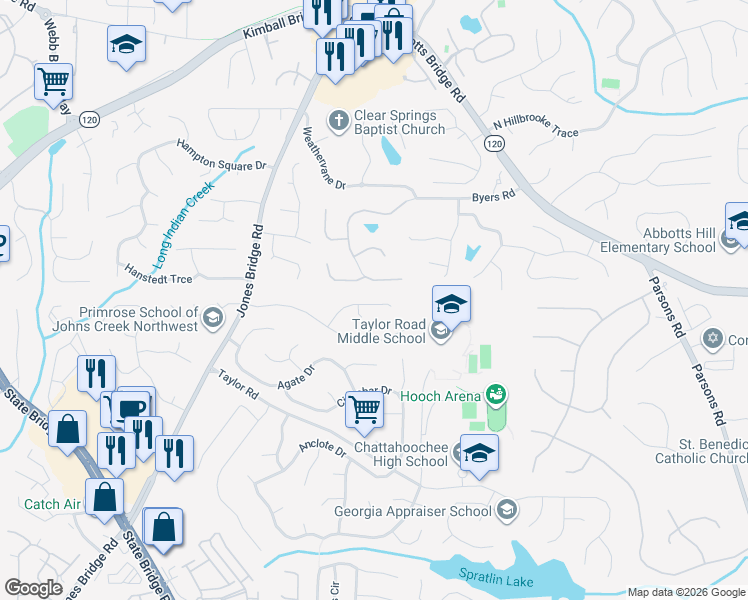 map of restaurants, bars, coffee shops, grocery stores, and more near 230 Pine Bridge Trail in Alpharetta