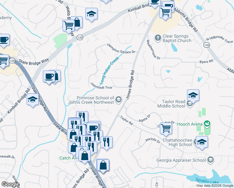 map of restaurants, bars, coffee shops, grocery stores, and more near 4800 Jones Bridge Woods Drive in Alpharetta