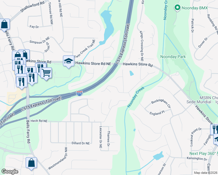 map of restaurants, bars, coffee shops, grocery stores, and more near 564 Farmbrook Trail Northeast in Kennesaw