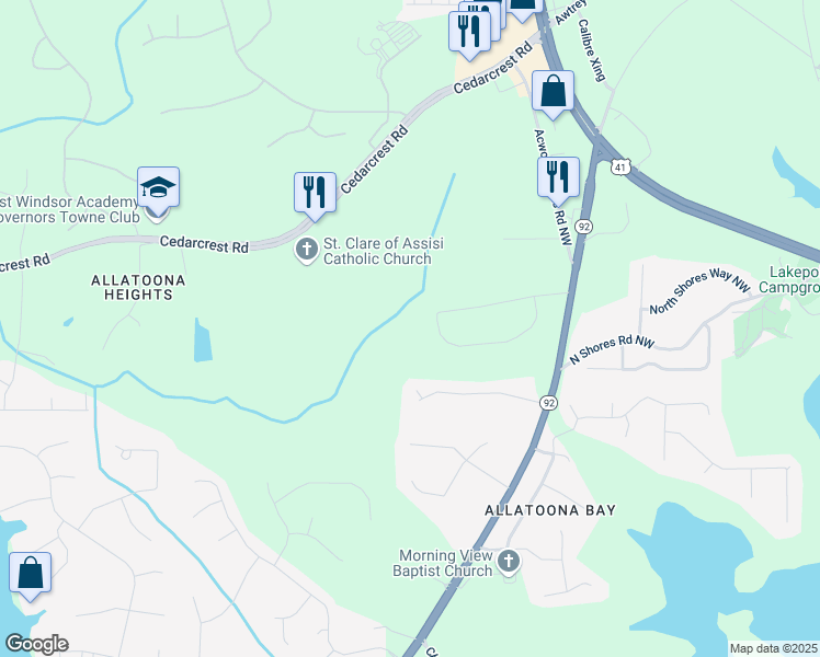 map of restaurants, bars, coffee shops, grocery stores, and more near 5876 Bridgemont Place in Acworth