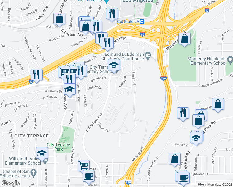 map of restaurants, bars, coffee shops, grocery stores, and more near 1308 Helen Drive in Los Angeles