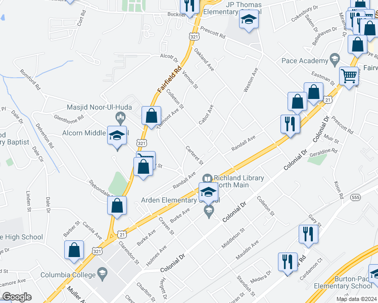 map of restaurants, bars, coffee shops, grocery stores, and more near 906 Rosedale Arch in Columbia